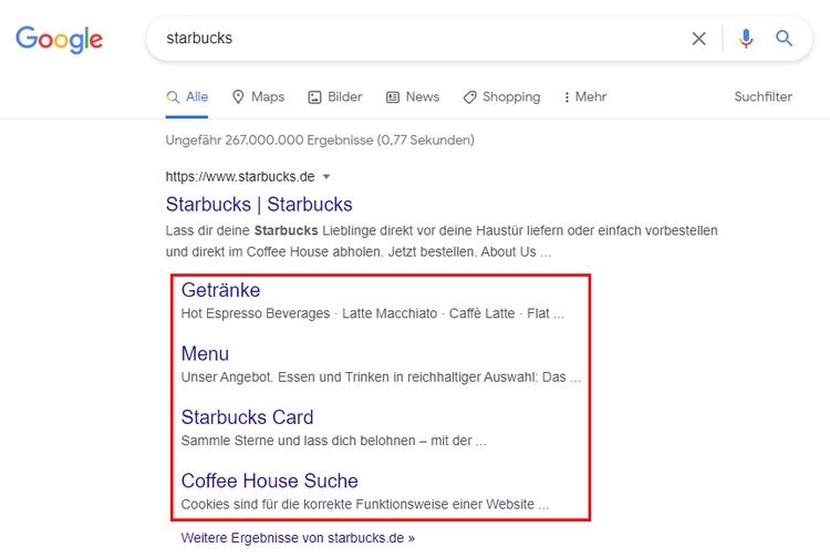 Screenshot: Sitelinks