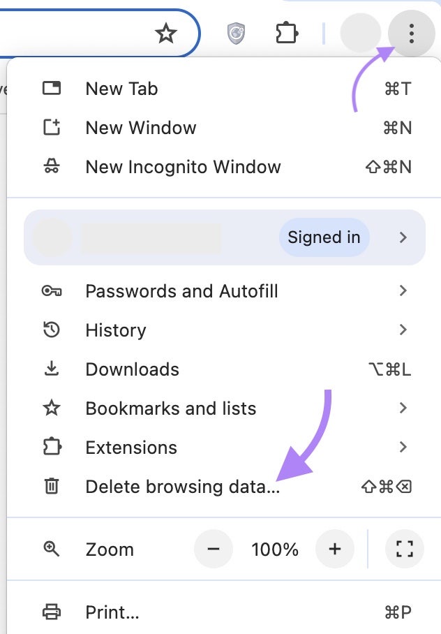 das Drei-Punkte-Symbol in der oberen rechten Ecke des Chrome-Browsers angeklickt und „Browserdaten löschen……“ ausgewählt