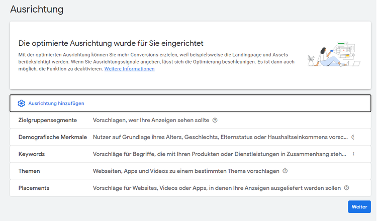 Google Display Network Targeting mit Zielgruppensegmentierungsoptionen Panel