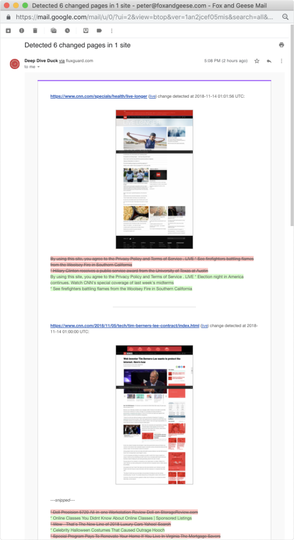Deep Dive Duck email alert detecting 6 page changes with before/after screenshots