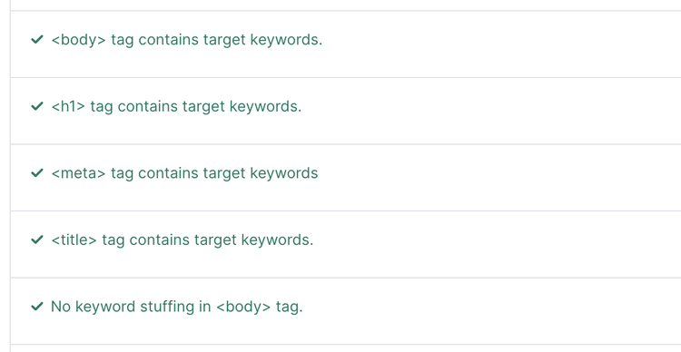 Der Inhaltsbereich mit Beispielprüfungen für „Body-Tag enthält Ziel-Keywords“, „h1-Tag enthält Ziel-Keywords“ usw.