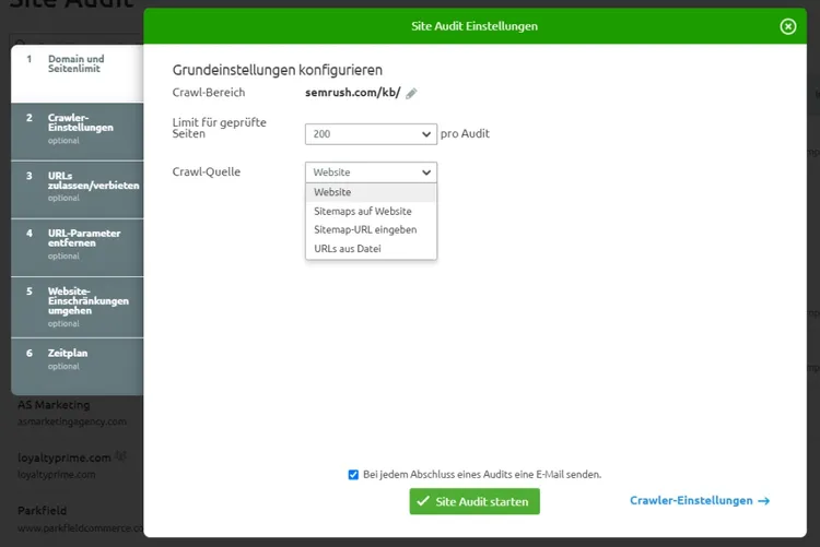 Crawl-Quelle Dropdown mit Website, Sitemap und Datei Optionen