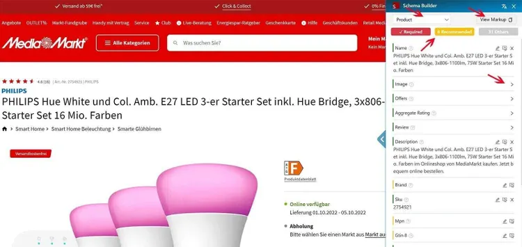MediaMarkt E-Commerce-Seite mit Produktliste und Schema-Markup Informationen
