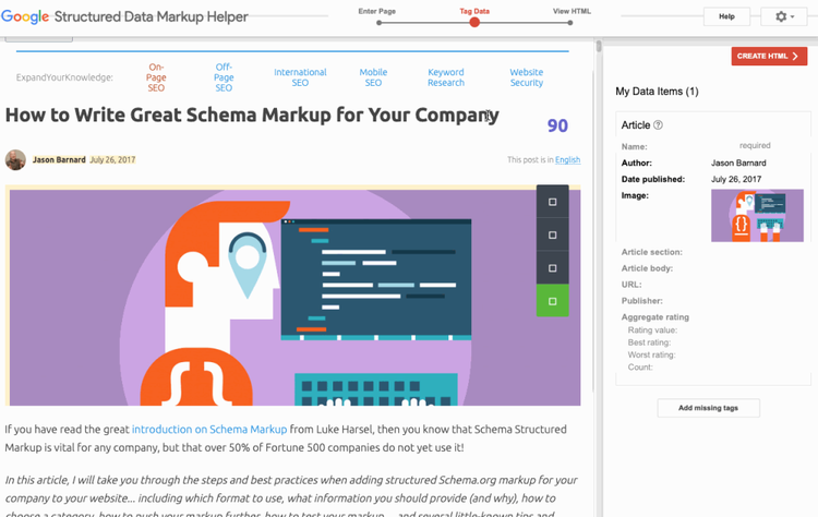 Google Structured Data Markup Helper: Artikel-Schema