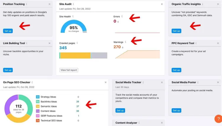 Semrush dashboard with Position Tracking, Audit, and tools