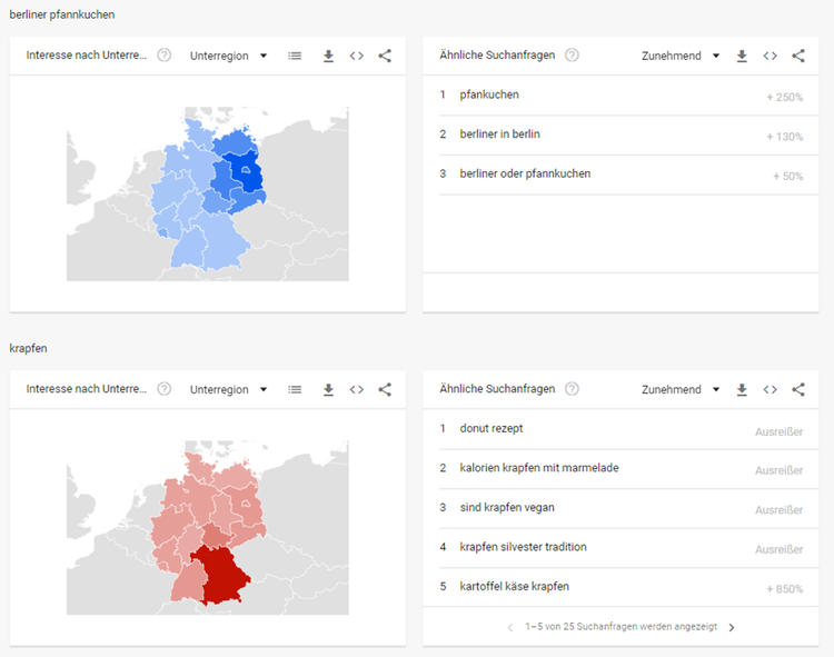 Google Trends Detailansicht mit regionalen Heatmaps und Suchvorschlägen