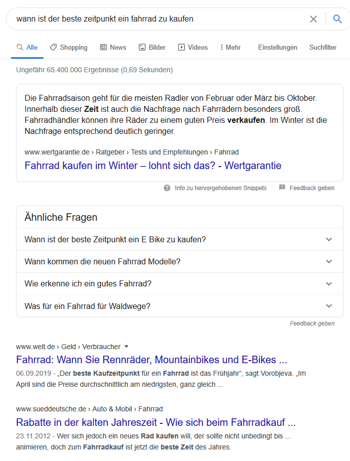 Google Search mit häufig gestellten Fragen zum Fahrradkauf