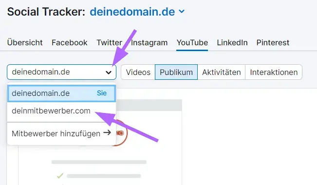Dropdown-Menü mit deinen Mitbewerbern im Social Tracker