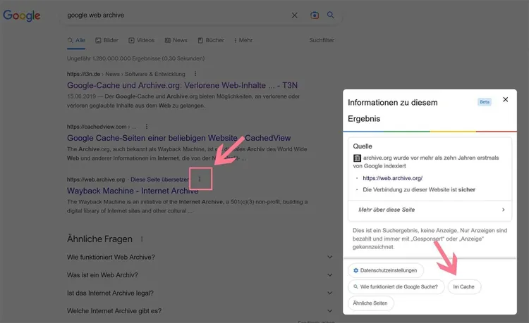 Über die Google-Suchergebnisse geht es in Zwischenschritten zur Version im Google-Cache – oder direkt über CachedView
