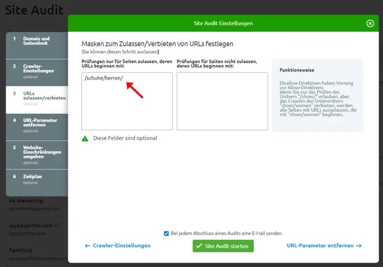 URL-Masken Dialog zum Zulassen und Verbieten von Crawl-Pfaden