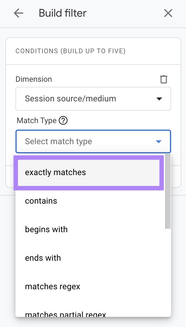 „Filter erstellen“ in Google Analytics mit geöffnetem Dropdown-Menü „Übereinstimmungstyp“ und Auswahl von „genaue Übereinstimmung“