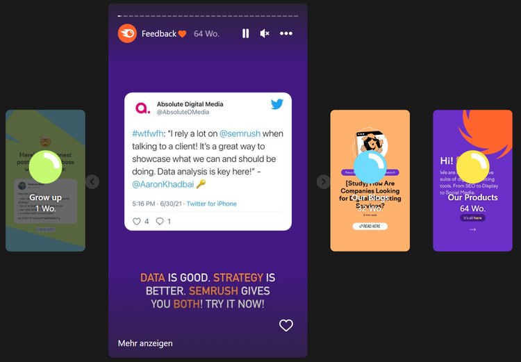 Instagram Story mit Semrush Marketing-Nachricht und Social-Media-Interface