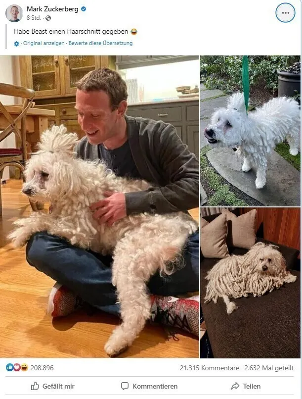 Facebook post by Mark Zuckerberg with photos of his Puli dog Beast
