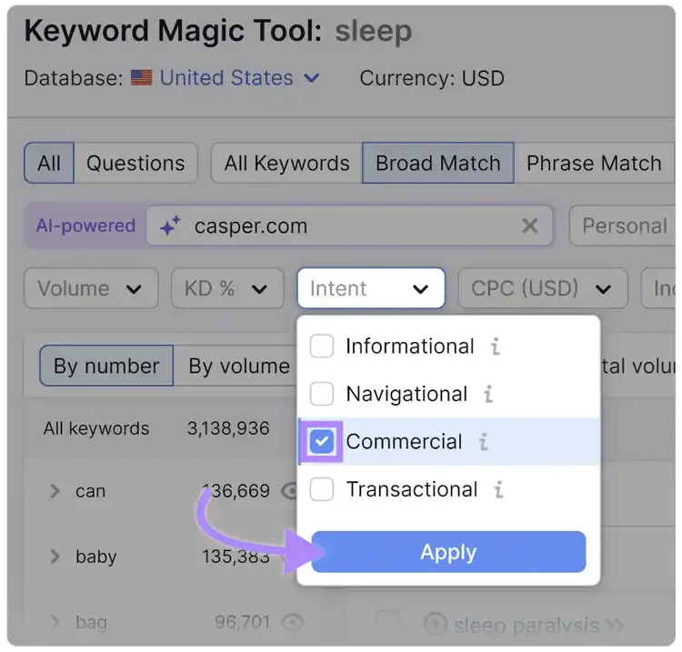 Keyword Magic Tool für Schlafkeywords mit kommerzieller Absicht