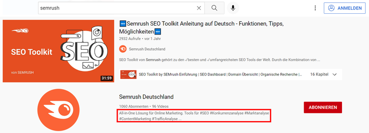 Screenshot: Semrush in der YouTube-Suche