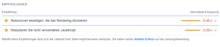 PageSpeed Insights Empfehlungen zeigt Render-Blocking und JavaScript-Probleme