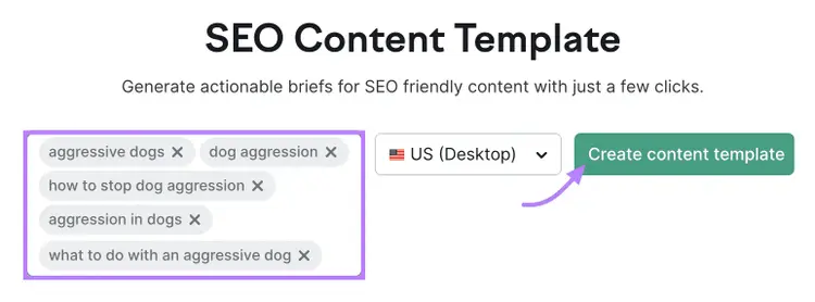 Semrushs SEO-Content-Template-Schnittstelle mit ausgefülltem Keyword-Feld und einer Schaltfläche zum "Erstellen einer Content-Vorlage."