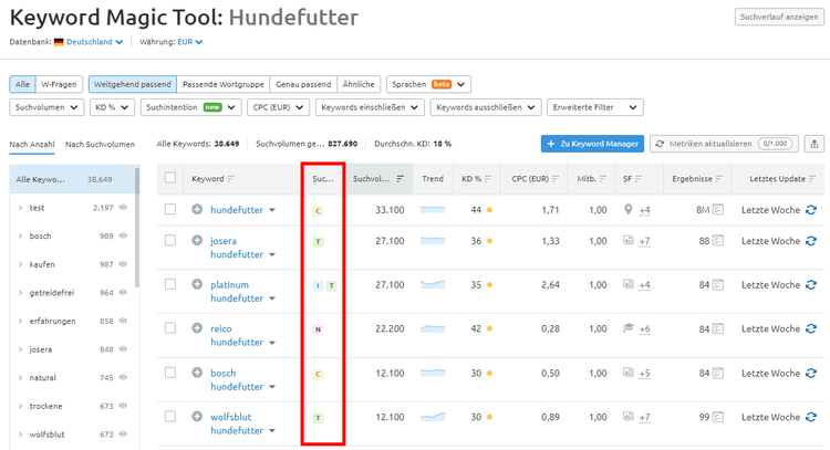 Keyword Magic Tool: Suchabsichten