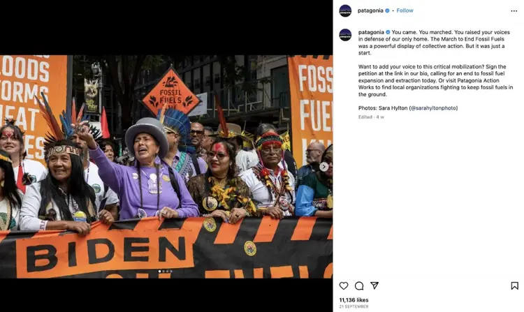 Instagram-Post von Patagonia vom March to End Fossil Fuels Protest
