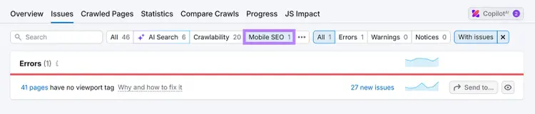 Registerkarte „Probleme“, bei der der Filter „Mobile SEO“ ausgewählt und hervorgehoben ist, wird ein Fehler angezeigt.