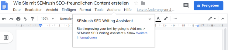 Google Docs with SEO Writing Assistant addon menu open