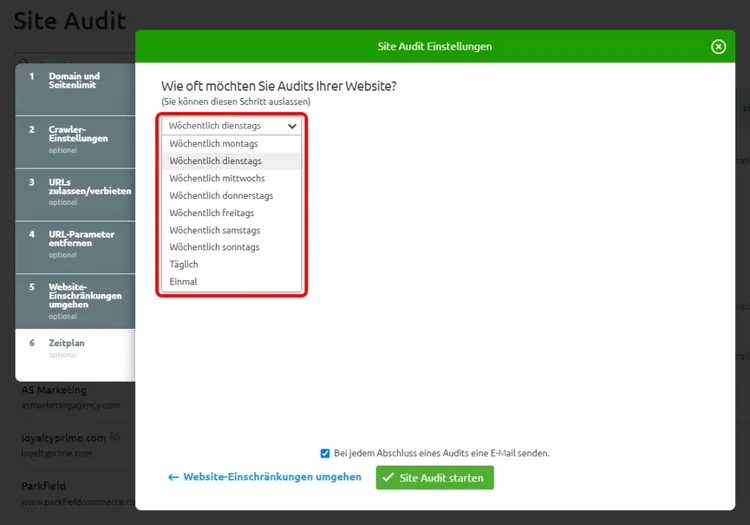 Audit-Zeitplan Dropdown mit wöchentlich, täglich und einmal Optionen