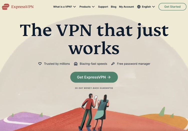 Zwei Menschen mit Smartphones standen auf einem Hügel neben einem VPN-Angebot