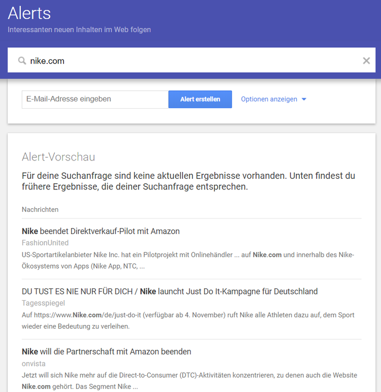 Google Alerts interface searching nike.com showing alert results from various sources
