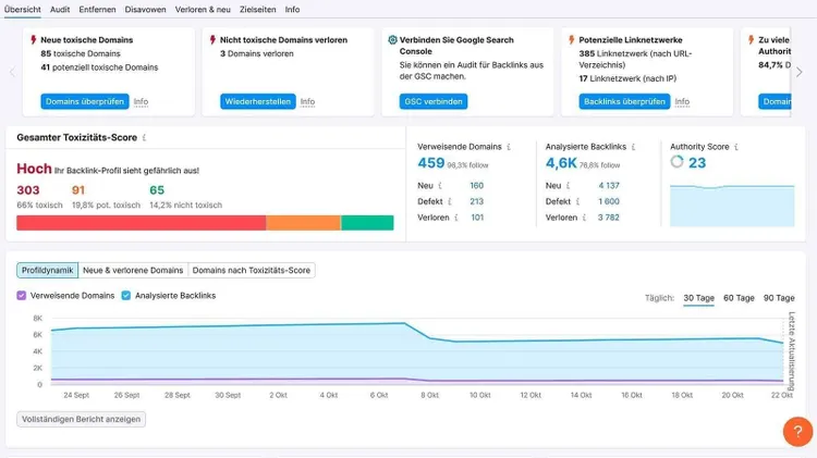 Backlink toxicity score 303 with domain analysis charts
