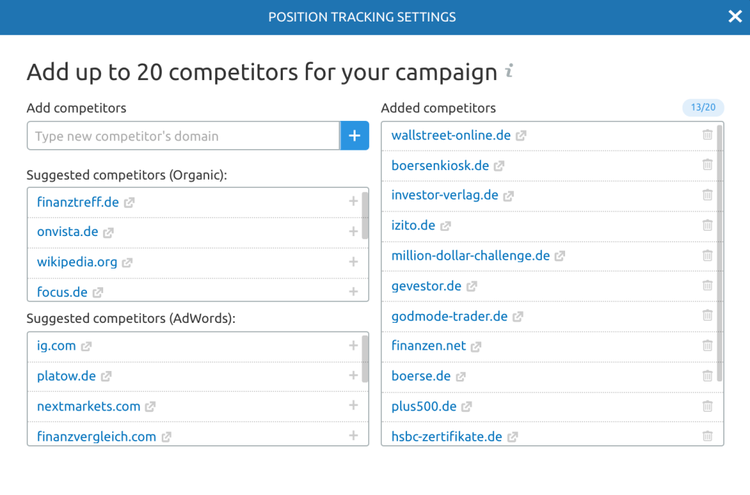 Semrush Position Tracking Add Competitors Dialog mit 11/20 Competitors