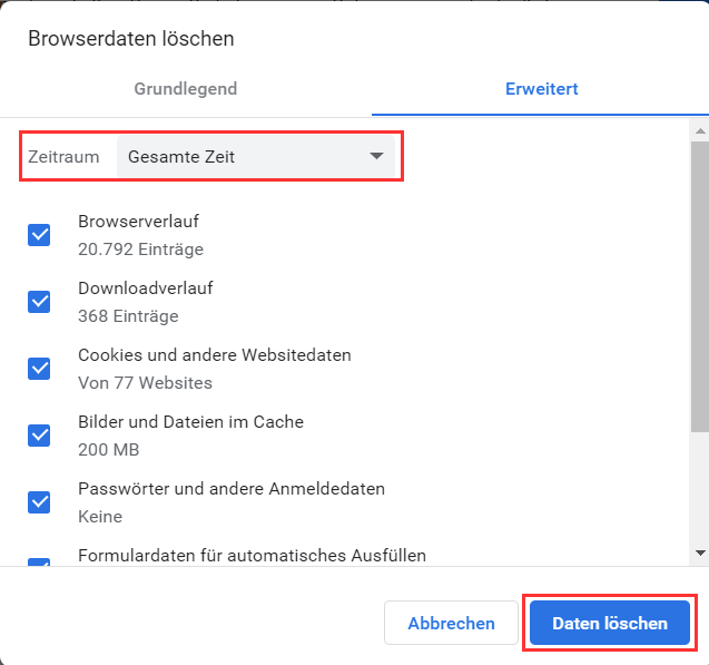 Zeitraum auswählen, Browserdaten löschen