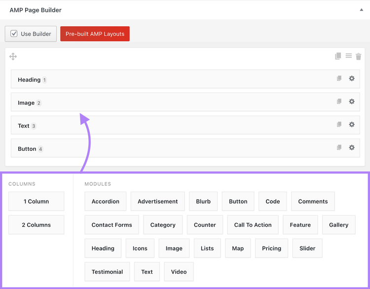 Drag-and-Drop-Elemente im AMP Page Builder