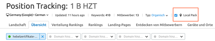 Semrush Position Tracking interface for German local pack rankings with 410 keywords tracked