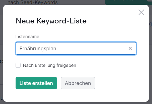 Keyword Strategy Builder: Neue Keyword-Liste