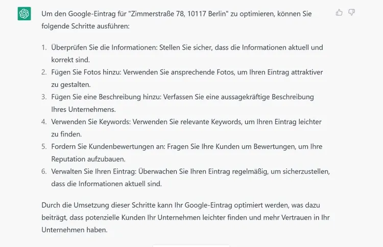 ChatGPT liefert Ansätze, um einen Google-Eintrag zu verbessern