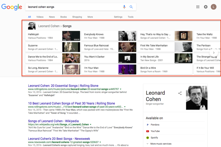 Google-Suchergebnisse: Leonard-Cohen-Lieder mit Musikmarkup