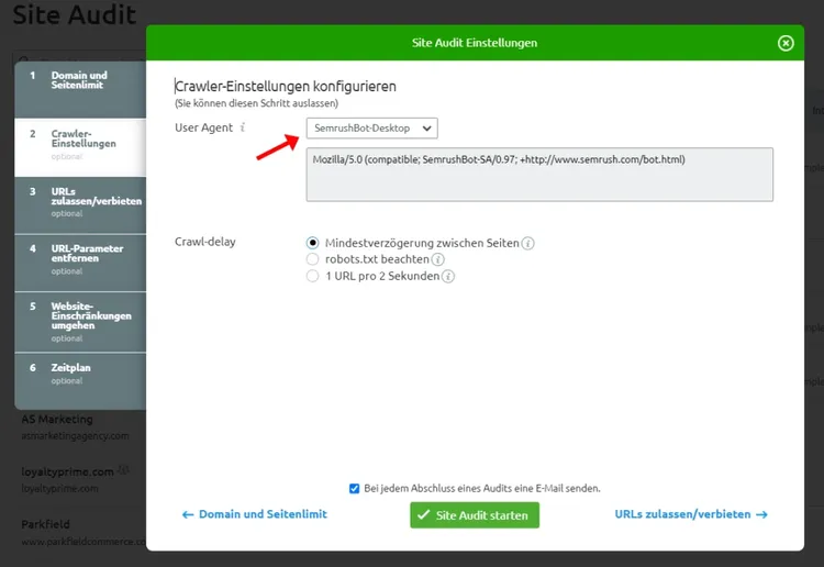 Crawler-Einstellungen Dialog mit SemrushBot Desktop User-Agent Auswahl