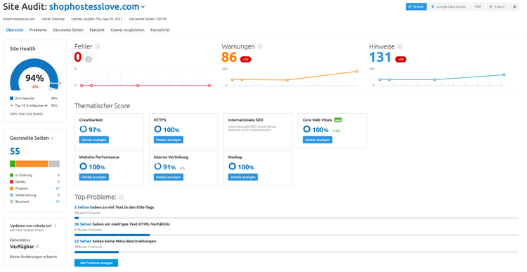 Site Audit Report mit Performance-Scores und Core Web Vitals