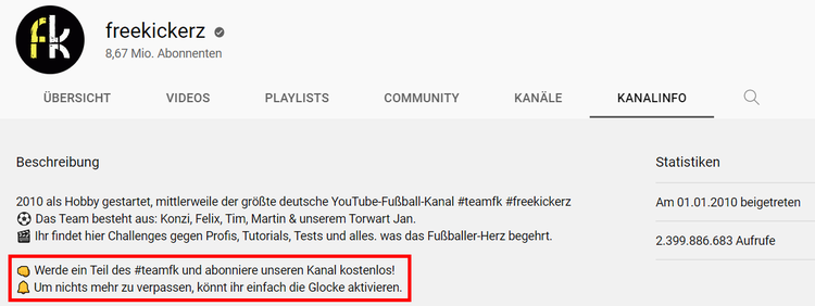 Screenshot: CTA in der Beschreibung von freekickerz