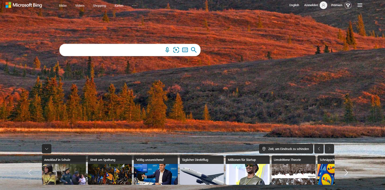 Bing Suchmaschine mit Waldlandschaftshintergrund und Suchleiste