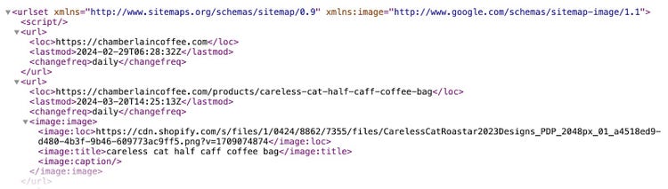 Verschachtelte XML-Tags, die Daten über verschiedene URLs auf einer Kaffee-Website enthalten
