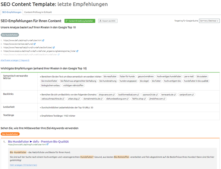 Empfehlungen aus dem SEO Content Template