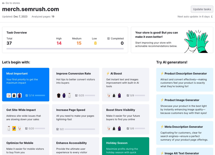 Semrush Ecommerce Booster: Shopify-Audit mit KI-Generatoren