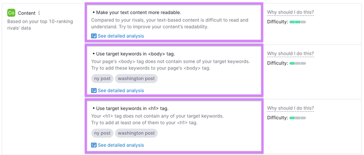 Ein Abschnitt mit "Inhaltsvorschlägen" im On Page SEO Checker