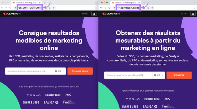 Landing-Pages der Subdomains „es.semrush.com“ und „fr.semrush.com“