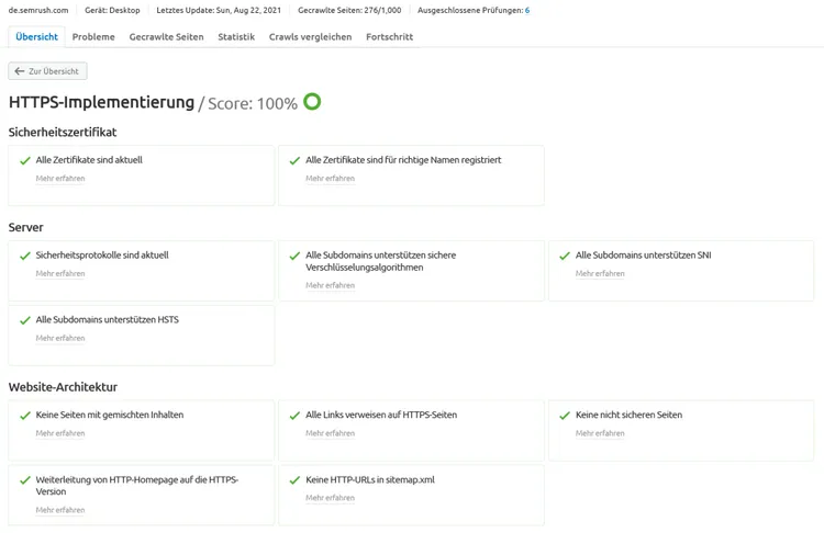 Site Audit: HTTPS-Implementierung 100% Score mit Sicherheitszertifikat-Checks