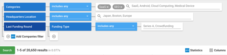 Crunchbase filter interface showing 1-5 of 20,650 company search results