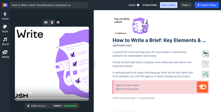 Semrush video guide on writing briefs with purple illustration