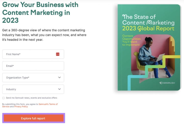 Landing-Page mit Semrush-Formular mit hervorgehobenem CTA