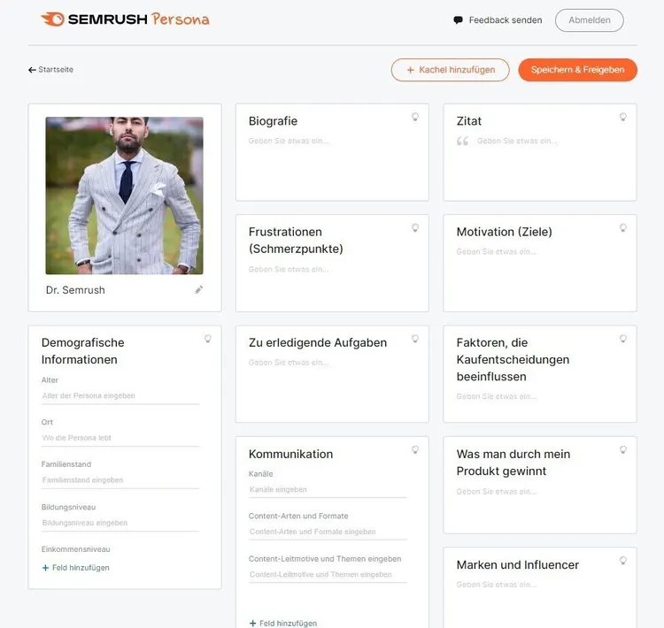 Semrush Buyer Persona Vorlage mit Dr. Semrush Profil und Persona-Attribut-Feldern